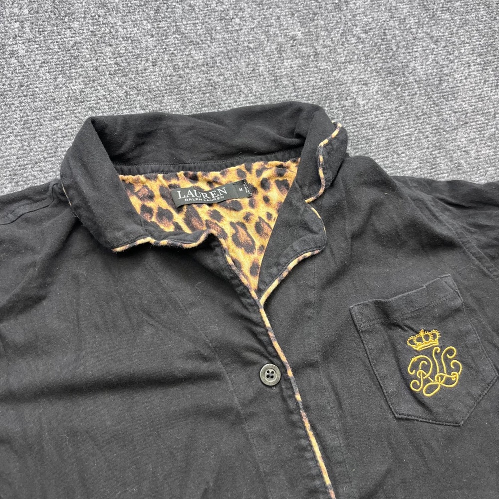 Lauren Ralph Lauren Leopard Trim Crest Logo Black Cotton Pajama Shirt